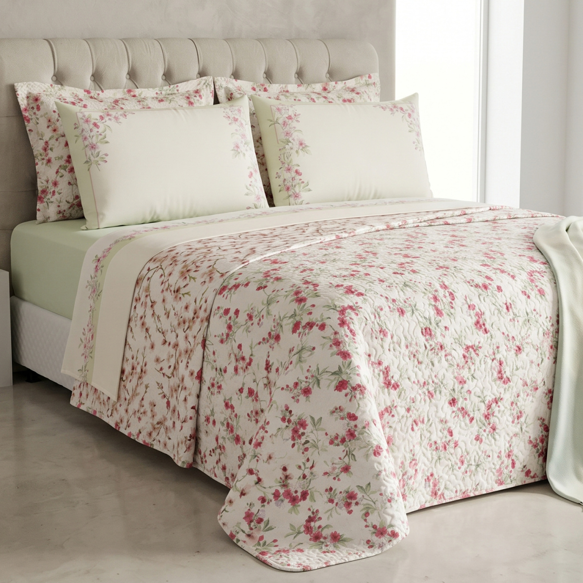 Kit King Cobre Leito + Jogo Cama Percal 300 Fios C/ Estampa Localizada Harmony 07 Peças - Azaleia Verde