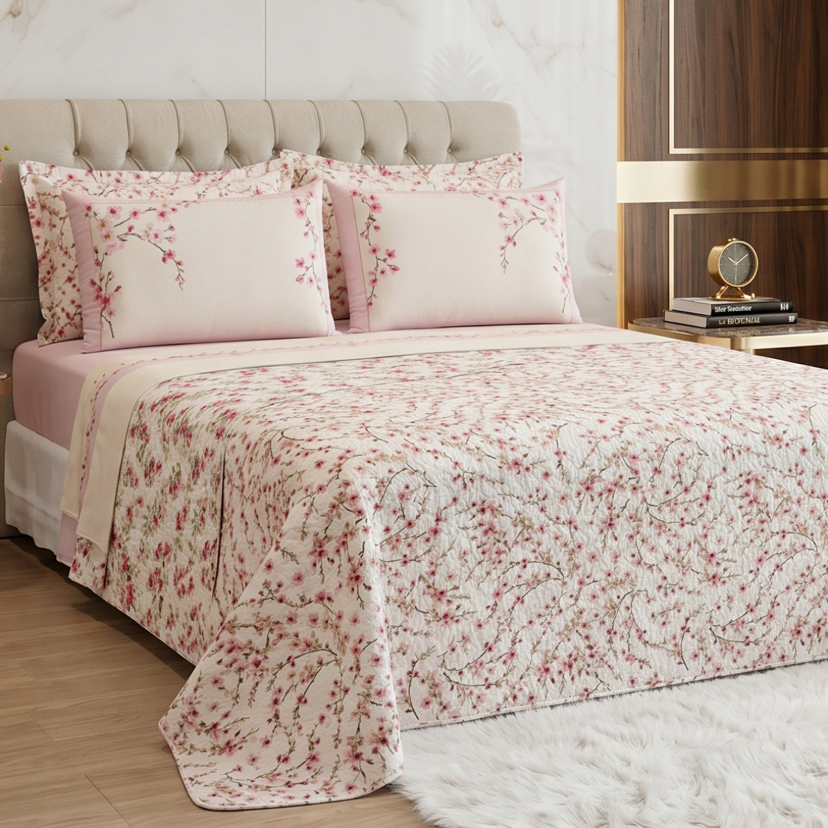 Kit King Cobre Leito + Jogo Cama Percal 300 Fios C/ Estampa Localizada Harmony 07 Peças - Cerejeira Rosa