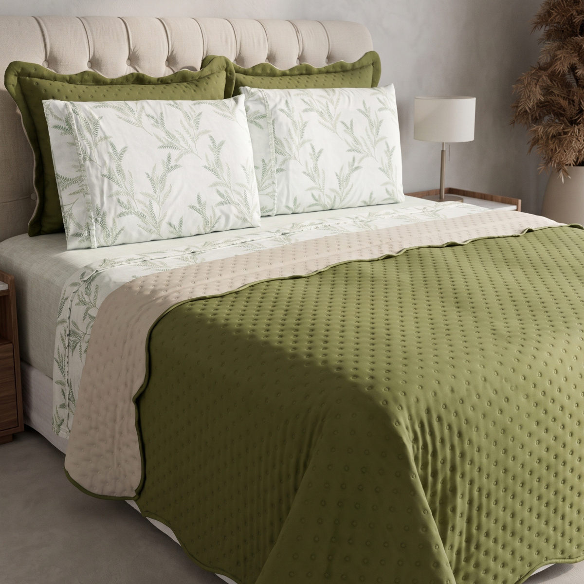 Kit Queen Cobre Leito + Jogo de Cama Percal 300 Fios Primavera 07 Peças - Trigo Verde