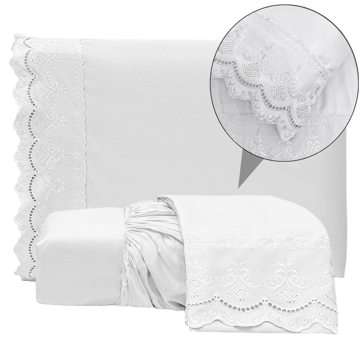 Lençol Casal Padrão C/ Elástico + 02 Fronhas Percal 300 Fios Bordado Inglês Lauren 03 Peças - Branco