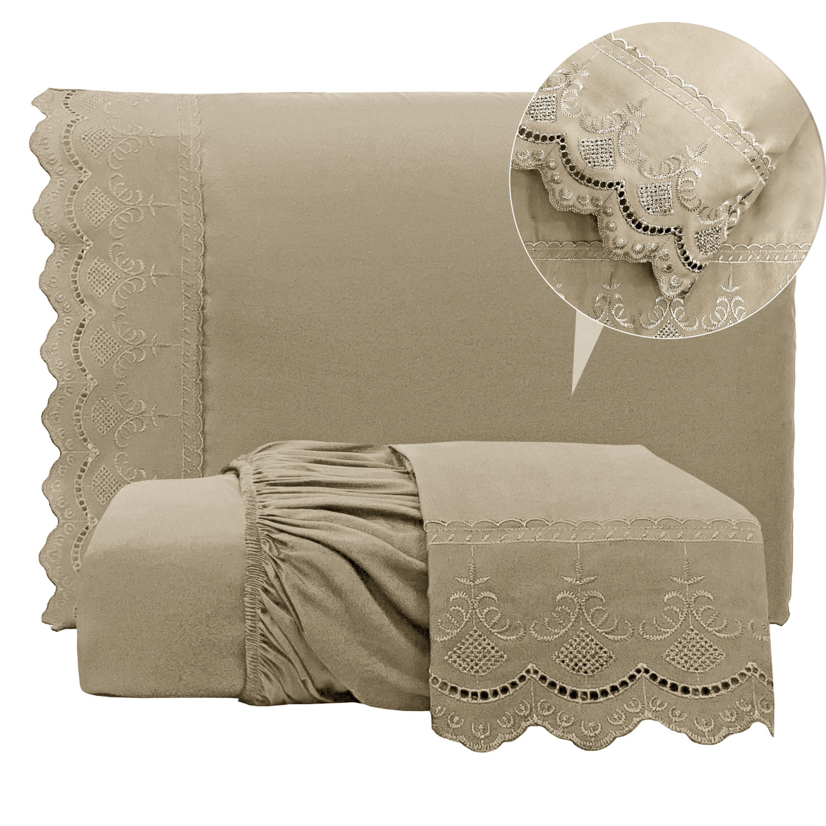 Lençol Casal Padrão C/ Elástico + 02 Fronhas Percal 300 Fios Bordado Inglês Lauren 03 Peças - Fendi
