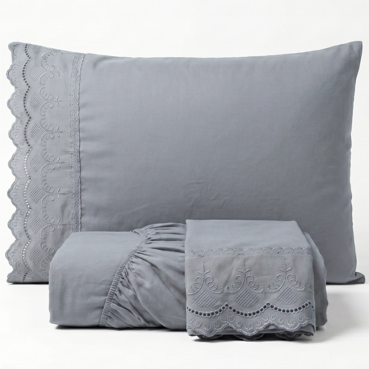 Lençol Queen C/ Elástico + 02 Fronhas Percal 300 Fios Bordado Inglês Lauren 03 Peças - Chumbo