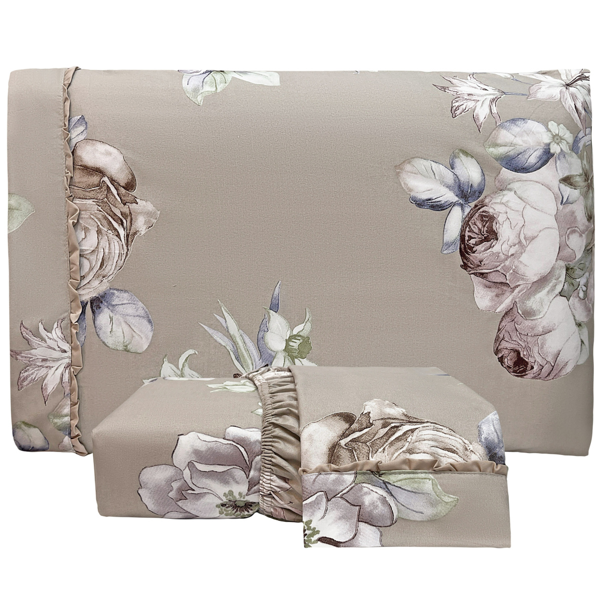 Lençol C/ Elástico + 02 Fronhas Percal 300 Fios Confort Print Casal Padrão 03 Peças - Flor Bege com Lilás