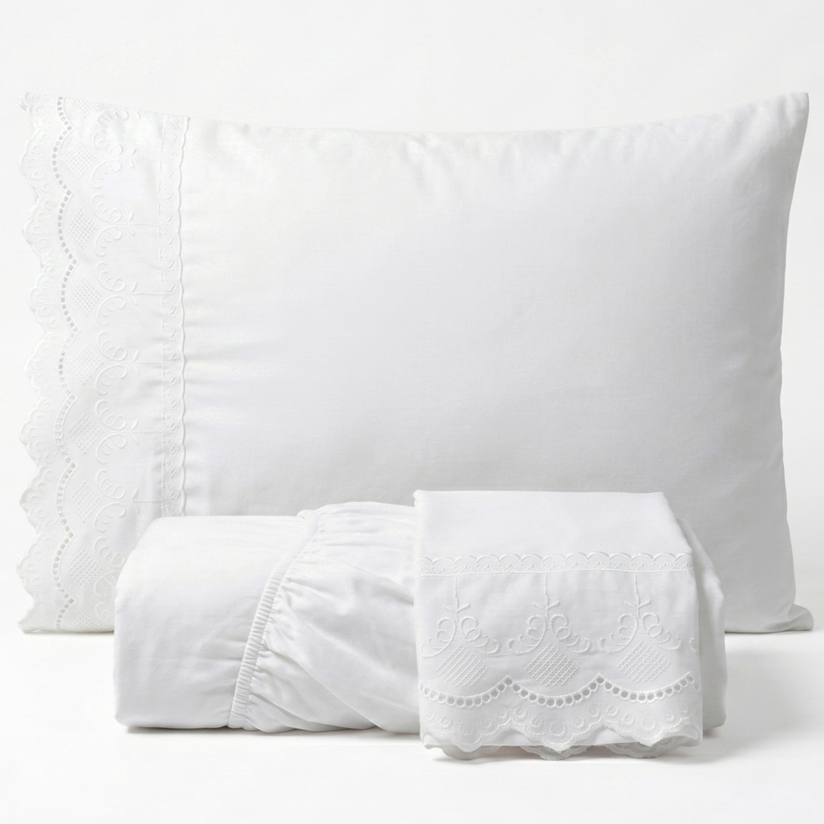 Lençol Queen C/ Elástico + 02 Fronhas Percal 300 Fios Bordado Inglês Lauren 03 Peças - Branco