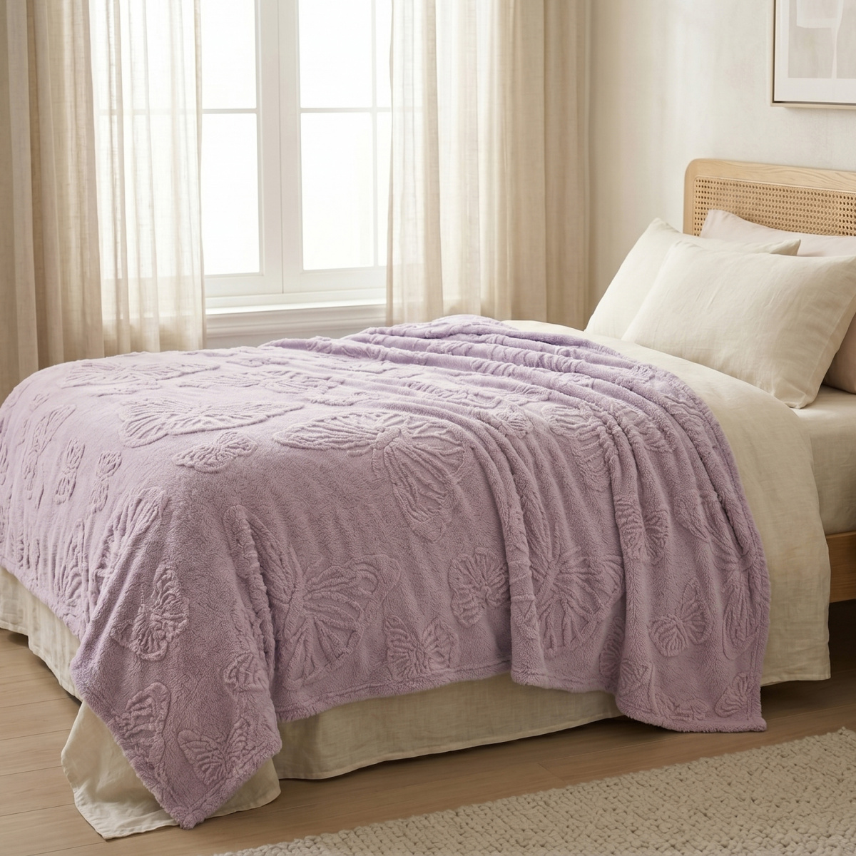Manta Queen King 240 Gramas 2,20 x 2,40m Jacquard C/ Sherpa Velvet Borboletas - Lavanda