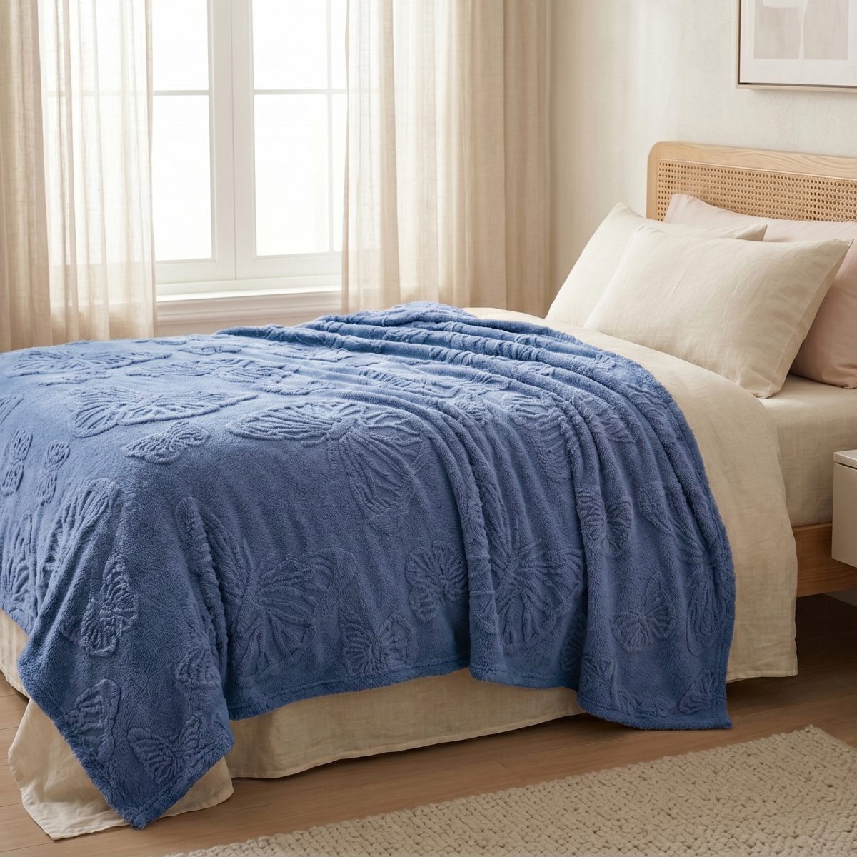 Manta Solteirão Casal 240 Gramas 1,80m x 2,40m Jacquard C/ Sherpa Velvet Borboletas - Azul