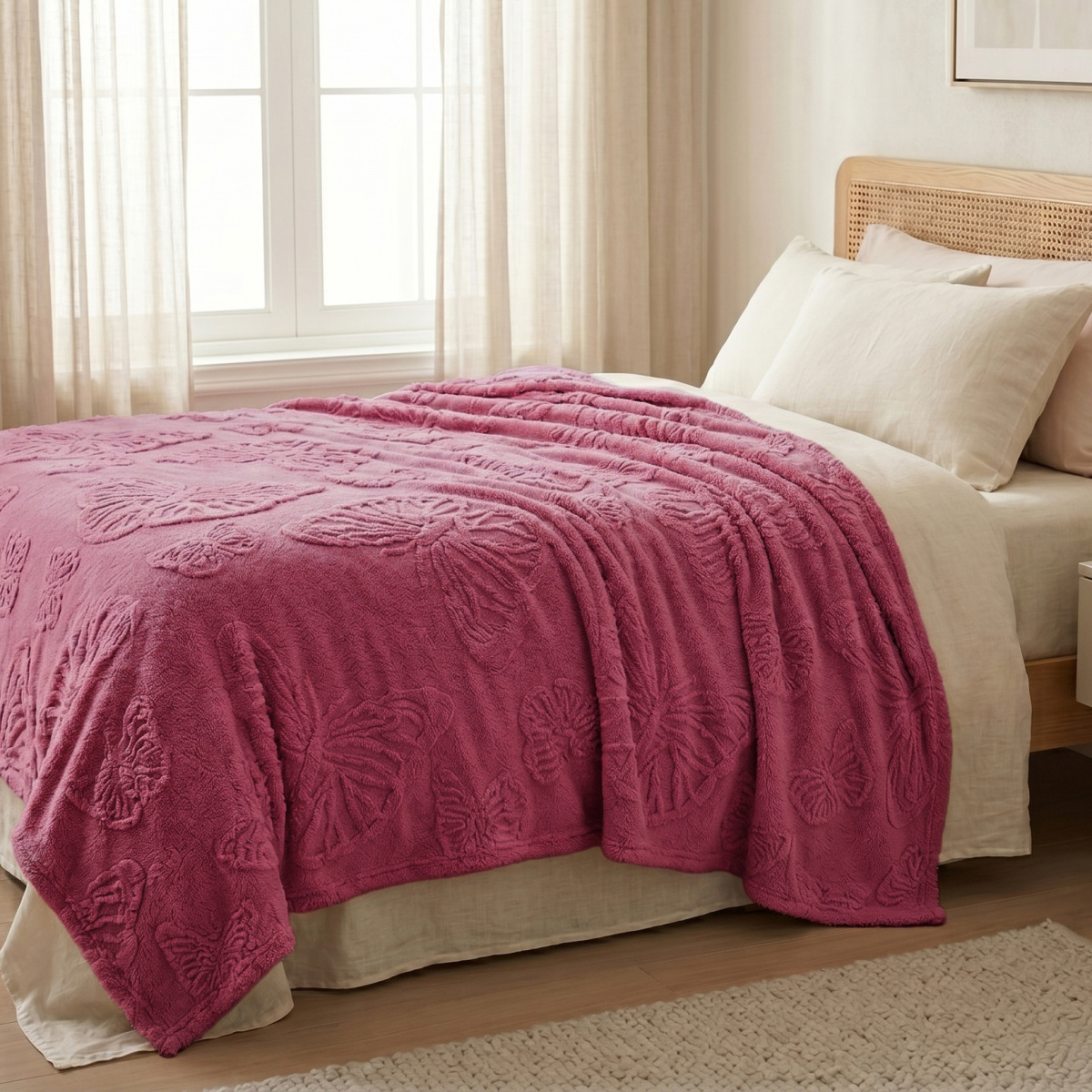 Manta Solteirão Casal 240 Gramas 1,80m x 2,40m Jacquard C/ Sherpa Velvet Borboletas - Pink