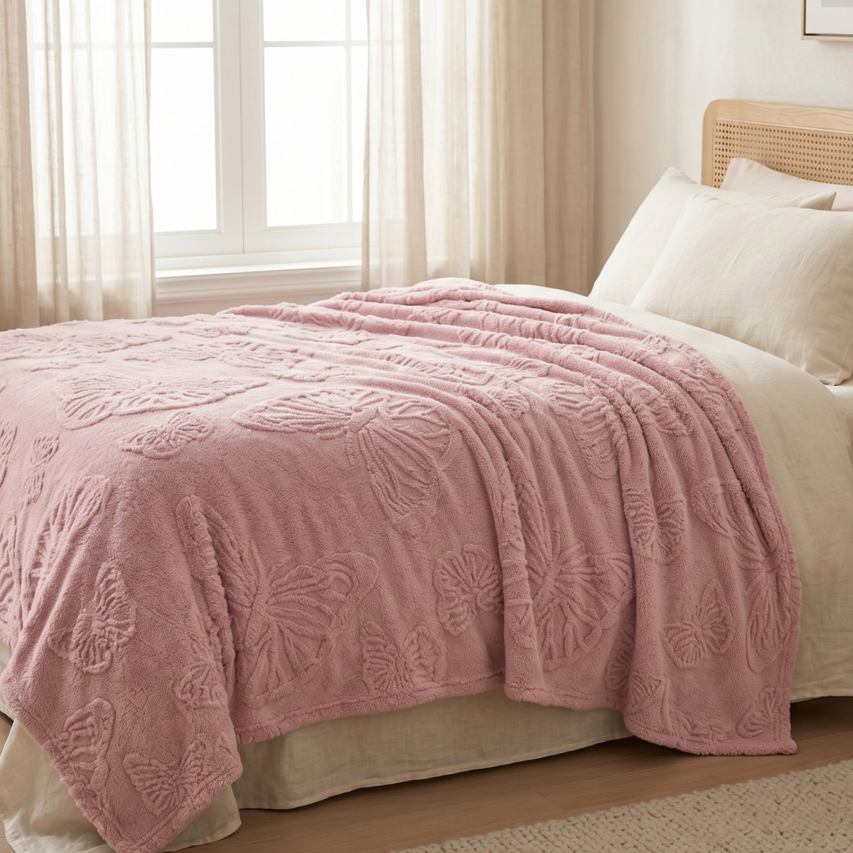Manta Queen King 240 Gramas 2,20 x 2,40m Jacquard C/ Sherpa Velvet Borboletas - Rosê