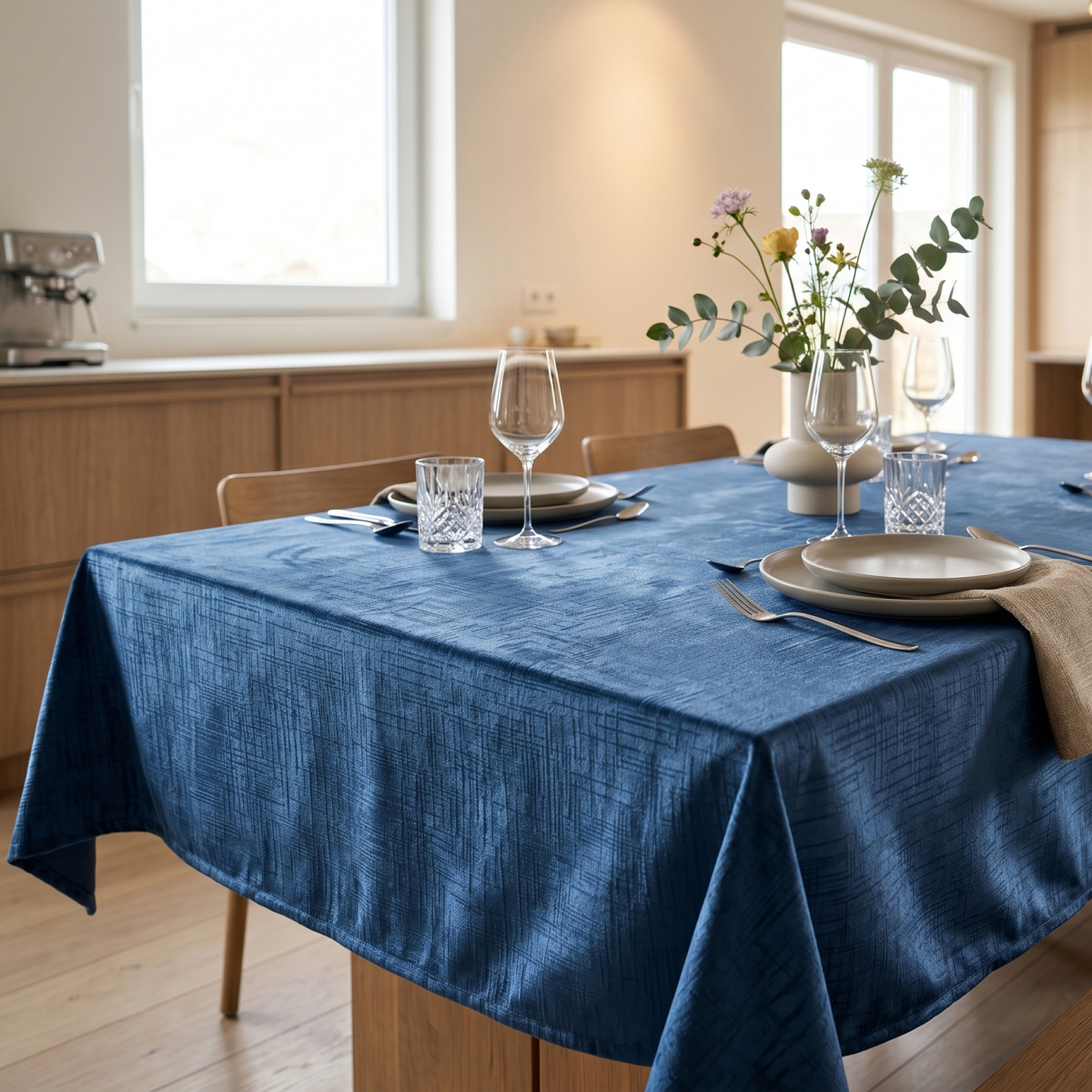 Toalha de Mesa Acetinada Toque Macio em Veludo P/ 6 Cadeiras - Azul