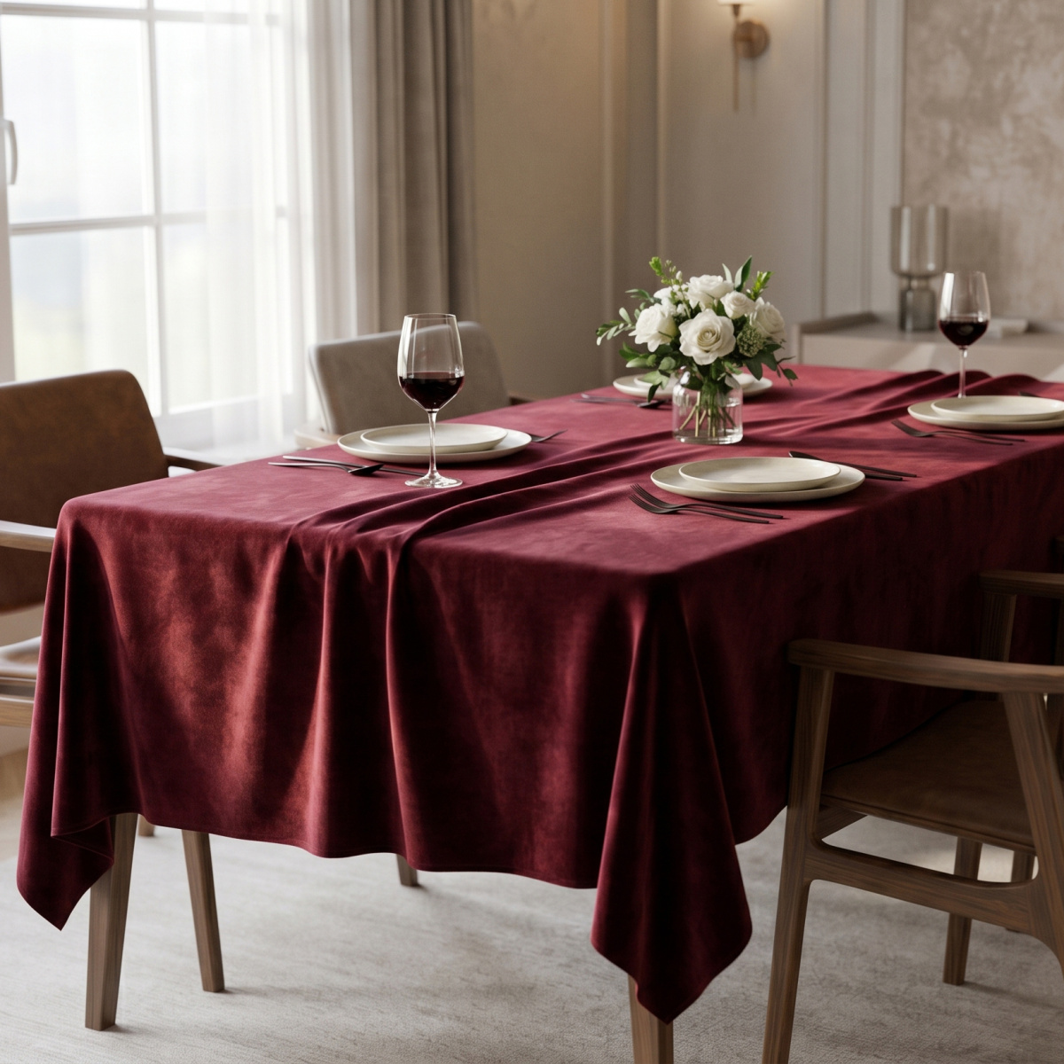 Toalha de Mesa Acetinada Toque Macio em Veludo P/ 8 Cadeiras - Vinho